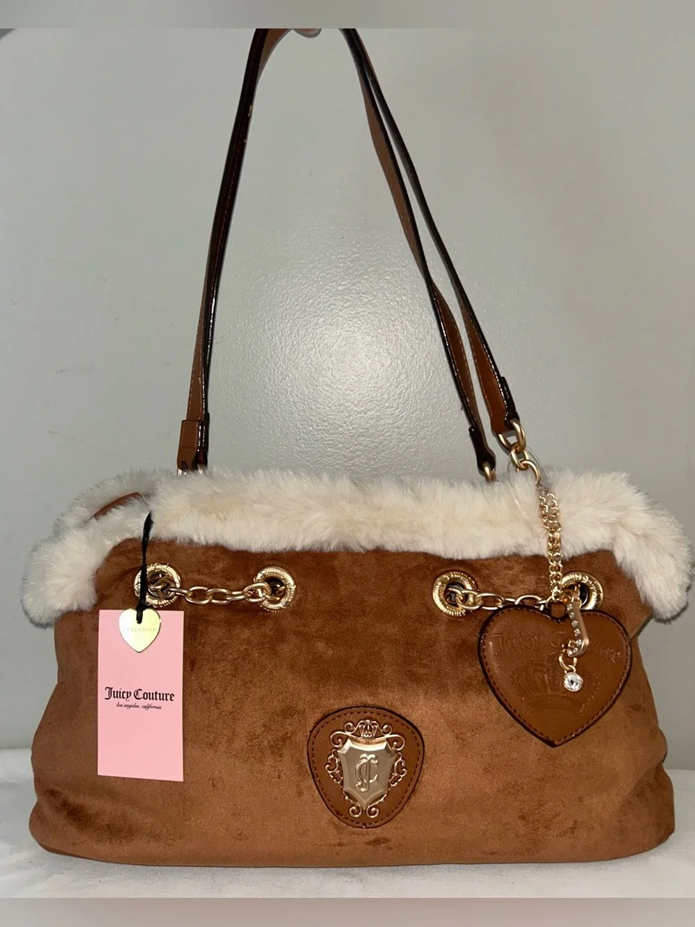 NEW! JUICY COUTURE Faux Sherpa Suede Glamour Gang Satchel Cinnamon Brown